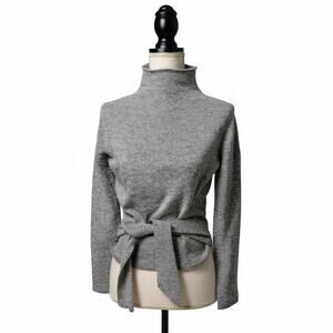 Forte Cashmere Gray Turtleneck Tie Front Cashmere Sweater